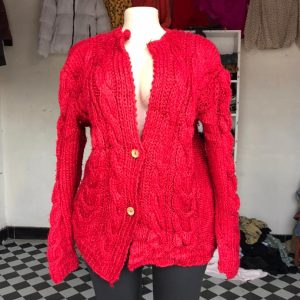 Red cable-knit cardigan sweater